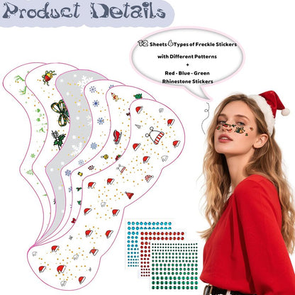 15 PCS Christmas Face Temporary Tattoos, With Red Green White Face Gems Glitter Freckles Face Tattoo for Women, Waterproof Christmas Accessories Face Makeup for Cosplay Party Supplies