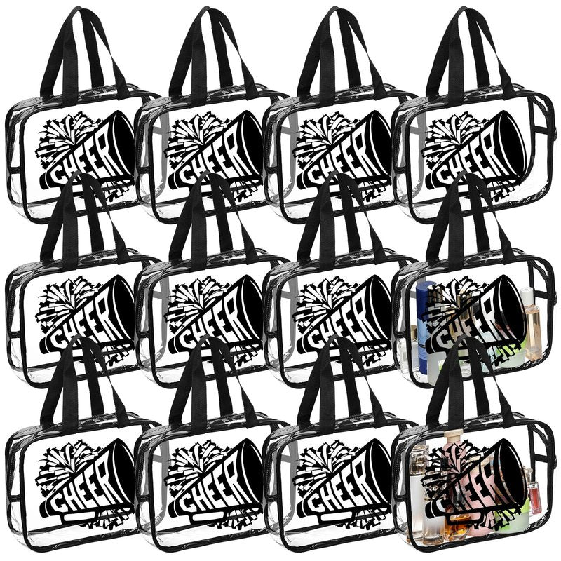 Kacctyen 12 Pcs Cheer Large Clear Toiletry Cosmetic Makeup Bag with Zipper and Handle Cheer Snack Bag Bulk for Team 12 x 9 x 4 Gift Bags Tote Pouch Cheerleading Teammates Party Supplies (Black)