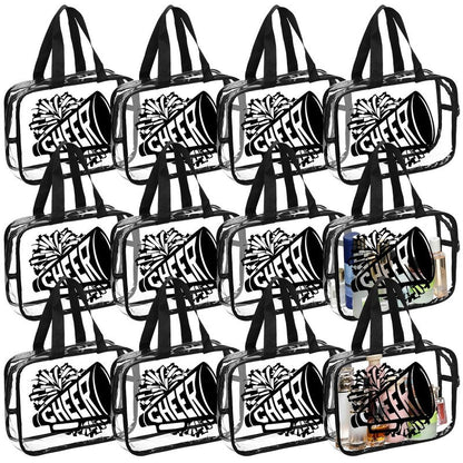 Kacctyen 12 Pcs Cheer Large Clear Toiletry Cosmetic Makeup Bag with Zipper and Handle Cheer Snack Bag Bulk for Team 12 x 9 x 4 Gift Bags Tote Pouch Cheerleading Teammates Party Supplies (Black)