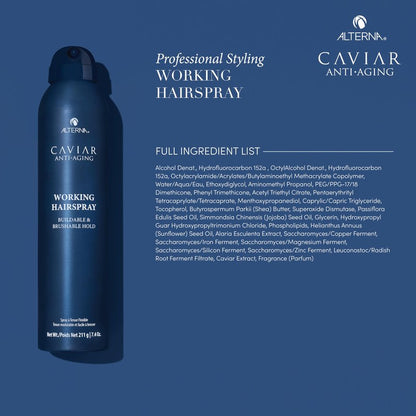 Alterna Haircare CAVIAR Anti-Aging Working Hairspray Travel Size 3 Fl Oz | Buildable, Brushable Hold | Helps Control Frizz and Adds Shine | Sulfate Free