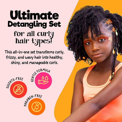 CurlyKids Super Detangle Spray Bundle with Hair Detangler Spray, Kids Shampoo, Conditioner, Gel & Creme for Curly, Frizzy, & Wavy Hair | Sulfate & Paraben-Free Formula to Detangle