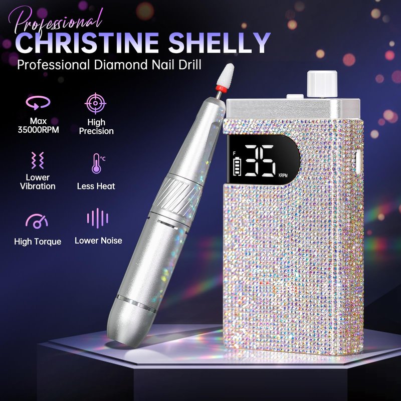 CHRISTINE SHELLY Rechargeable 35000RPM Nail Drill Sparkling Portable Professional Electric Nail File with 12 Drill Bit for Acrylic/Gel Nails Professional Nail Tools for Manicure Pedicure, Glitter
