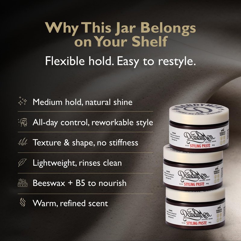 DandyMen Hair Styling Paste for Men | Medium Hold | Flexible Control & Natural Shine | Beeswax with Pro-Vitamin B5 | Tobacco Vanilla Scent | 3.4 oz, 1-Pack