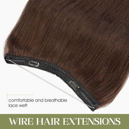 Charites Halo Hair Extensions Real Human Hair Invisible Wire Extensions with Transparent Fish Line Adjustable Size Dark Brown 12 inch