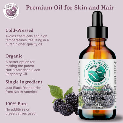 Bella Terra Oils - Black Raspberry Seed Oil 8 oz - Natural Elixir Enhanced with Ellagic Acid & Vitamin A, Cold-Pressed Cosmetic Secret for Radiant Skin